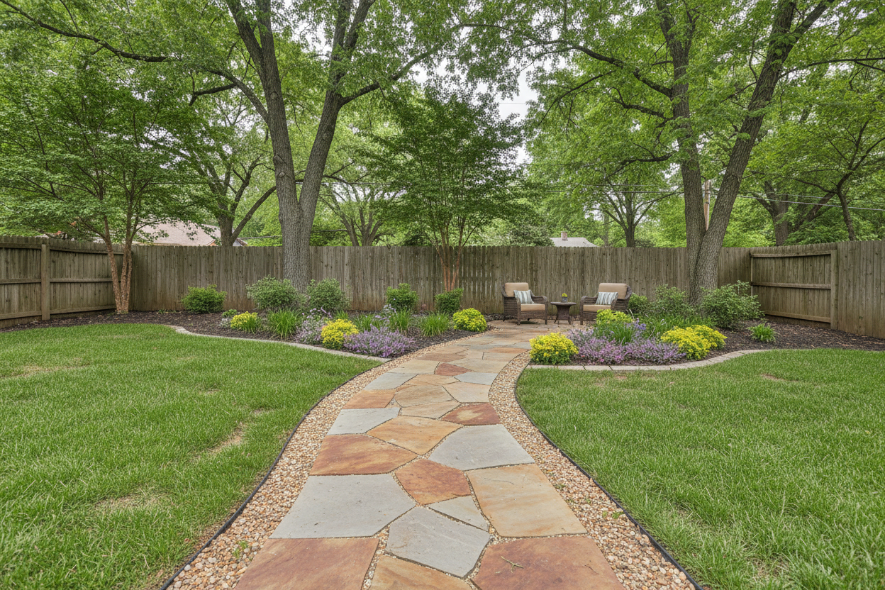 Backyard landscape with flagstone pathway