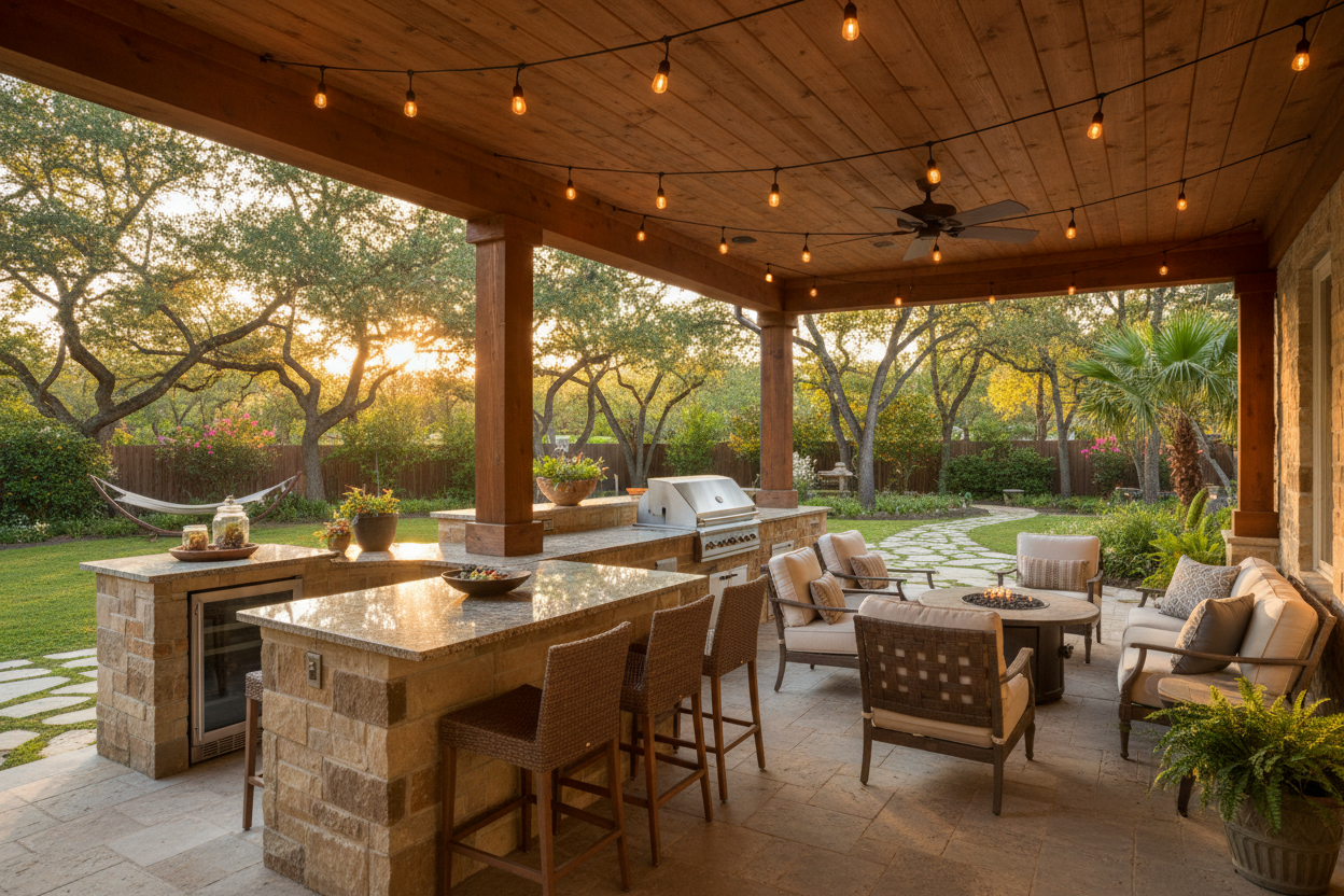 [Insert image: covered patio, outdoor kitchen, or backyard entertaining area]